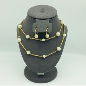 AVON Vintage Gold Tone Pearl Necklace and Pierced Hoop Earring Set